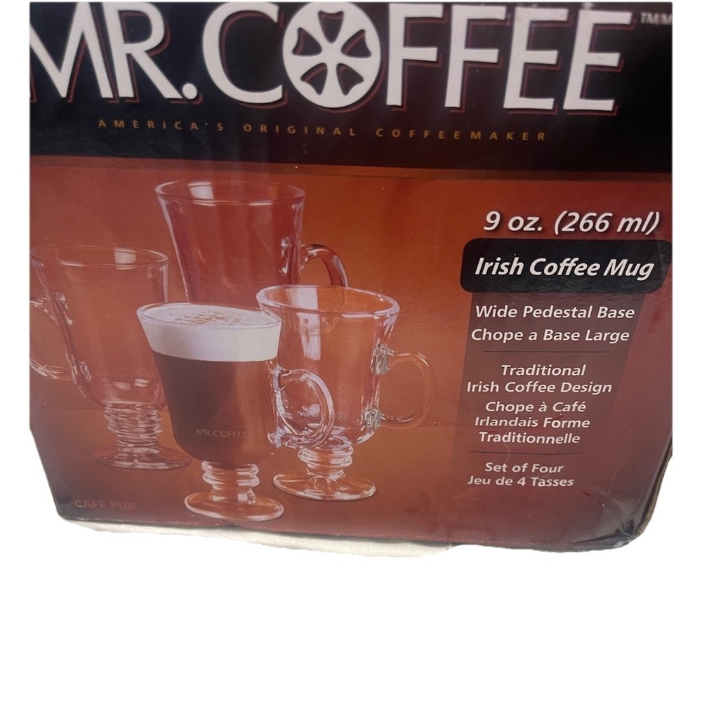 Mr. Coffee 4‎ pc. Set Pedestal Coffee Cups Mugs - Cocoa, Coffee, Irish Coffee